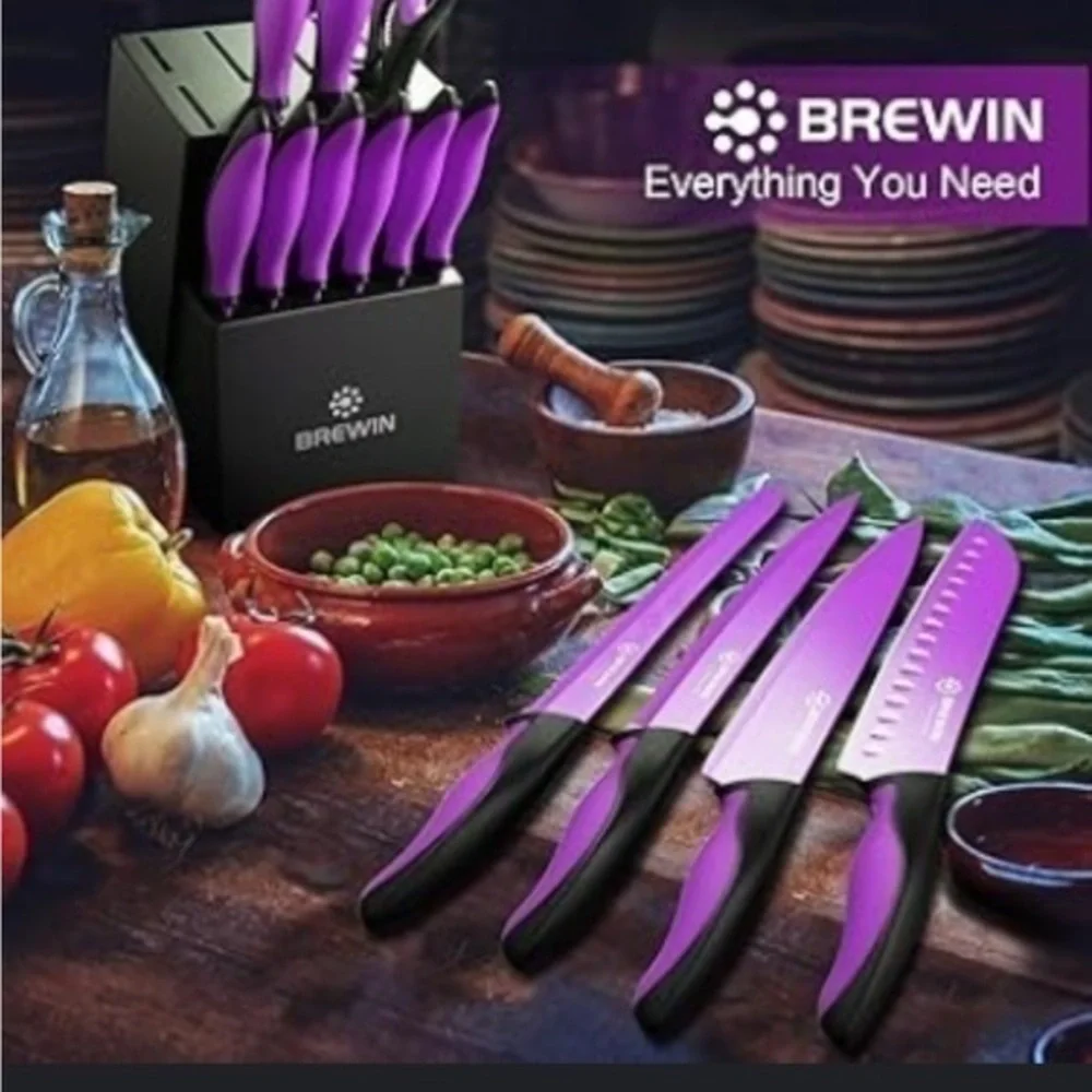 Brewin 14 piece all in one kitchen knife set purple premium stainless steel new